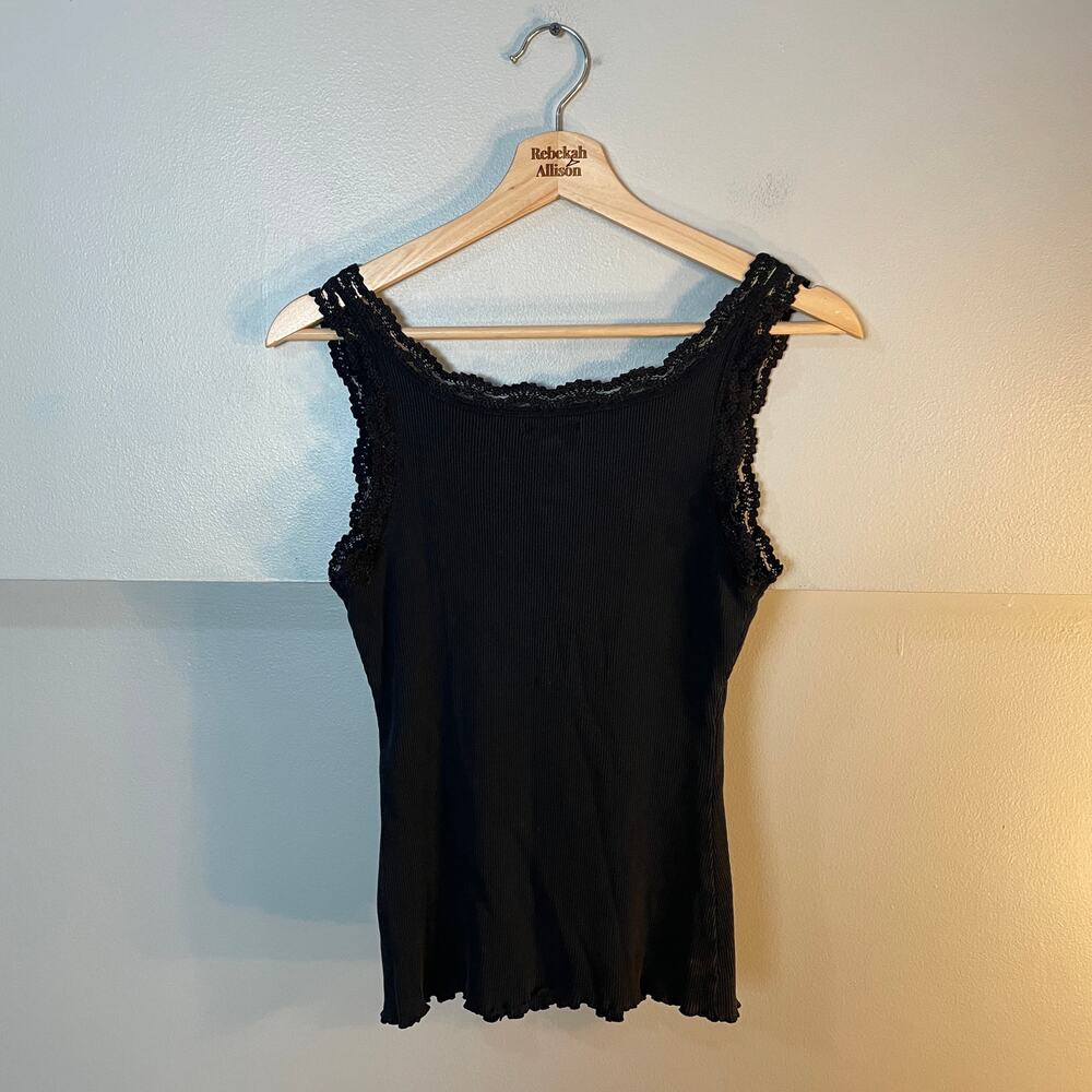 VTG Y2K Lace Neckline Stretchy Ribbed Black Tank Top SZ Medium Witchy 90's - Picture 12 of 14